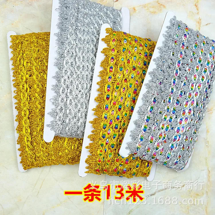 Description Picture 5 of item13 Meters Sequined Woven Straps Lace Gold and Silver Mountain Lace Dance Clothing Accessories Beaded Decorative Edge 2.3cm Wide