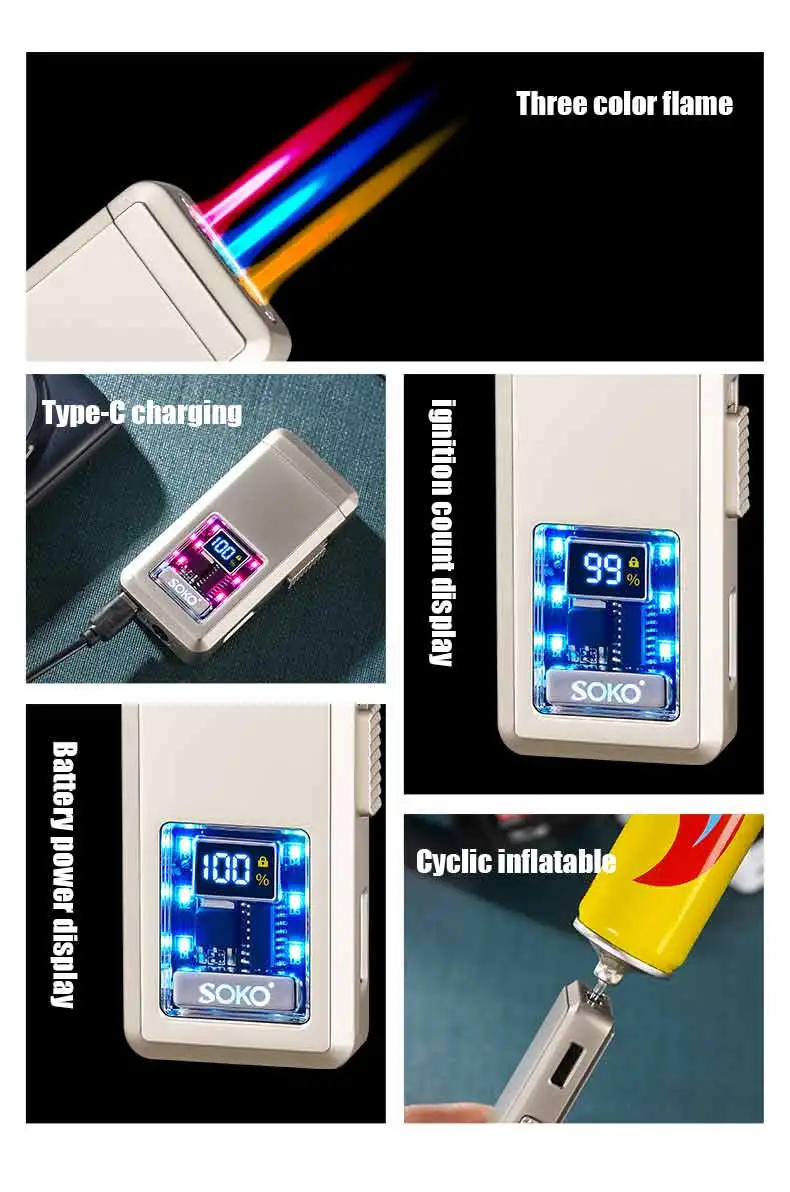 Description Picture 3 of itemNew High Beauty Voice Controlled LED Lighter Three-Color Flame Counting Transparent Visual Movement Inflatable Windproof Lighter