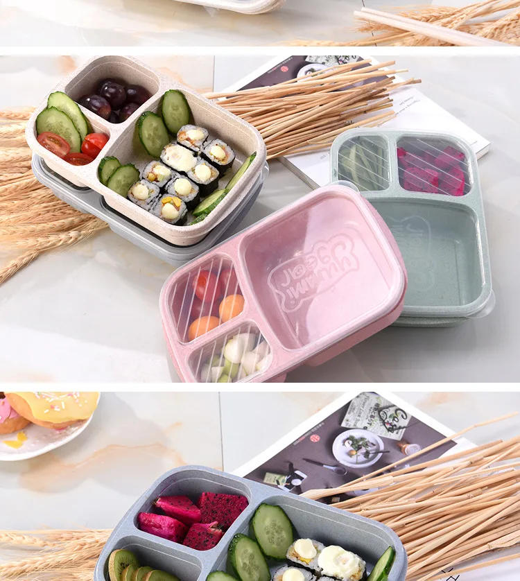 Description Picture 5 of itemMicrowave Lunch Box Wheat Straw Dinnerware Food Storage Container Children Kids School Office Portable Bento Box Lunch Container