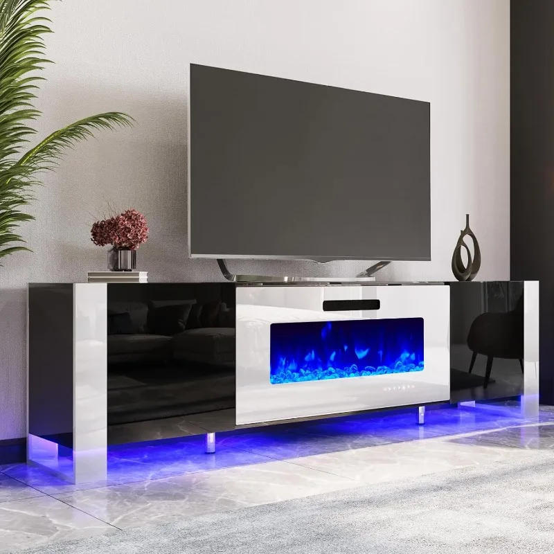 Description Picture 2 of itemFireplace TV Stand with 36" Fireplace, 70" Modern High Gloss Entertainment Center LED Lights, U-Shaped Legs TV Console Cabinet