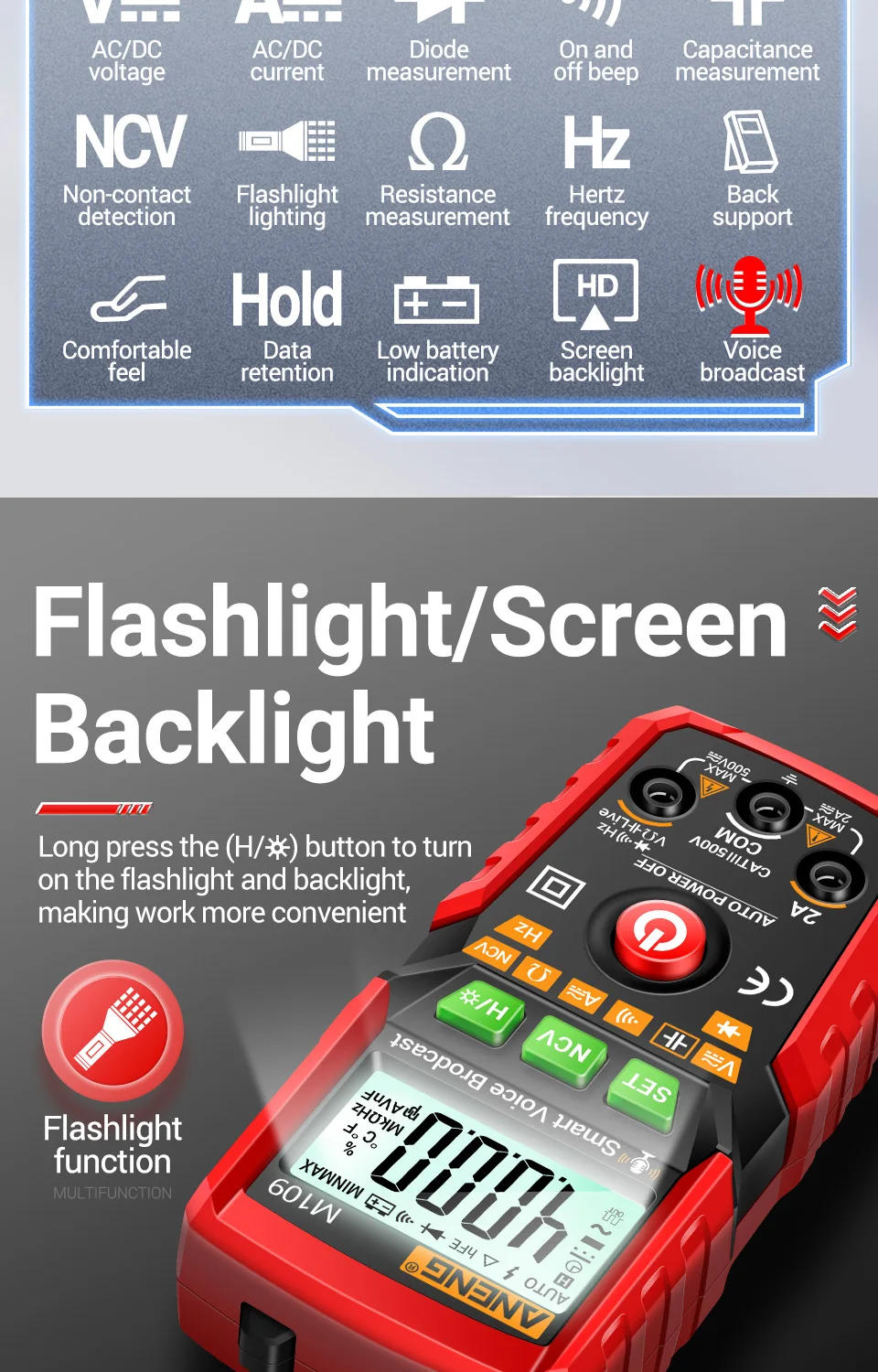 Description Picture 4 of itemANENG M109 Digital Multimeter 4000 count AC/DC Voice Broadcast Electrical Instruments Tester Auto Multimetro Profesional Meter