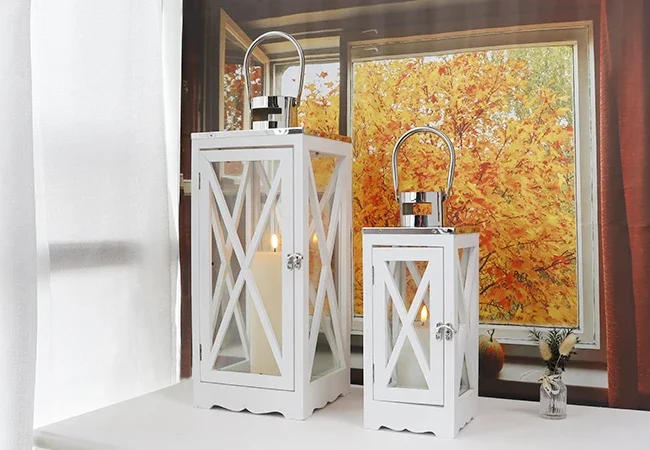 Description Picture 2 of itemFarmhouse Wood Lantern Decorative Candle Holders with Tempered Glass & Stainless Steel Handle Hanging Lantern for Indoor Outdoor