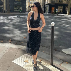 Tornova Polka Dot Print Skirt Two-piece Set Women's Sexy Slim Halter Vest Top Bows Skirts Low Waist Fashion Female Dress Set
