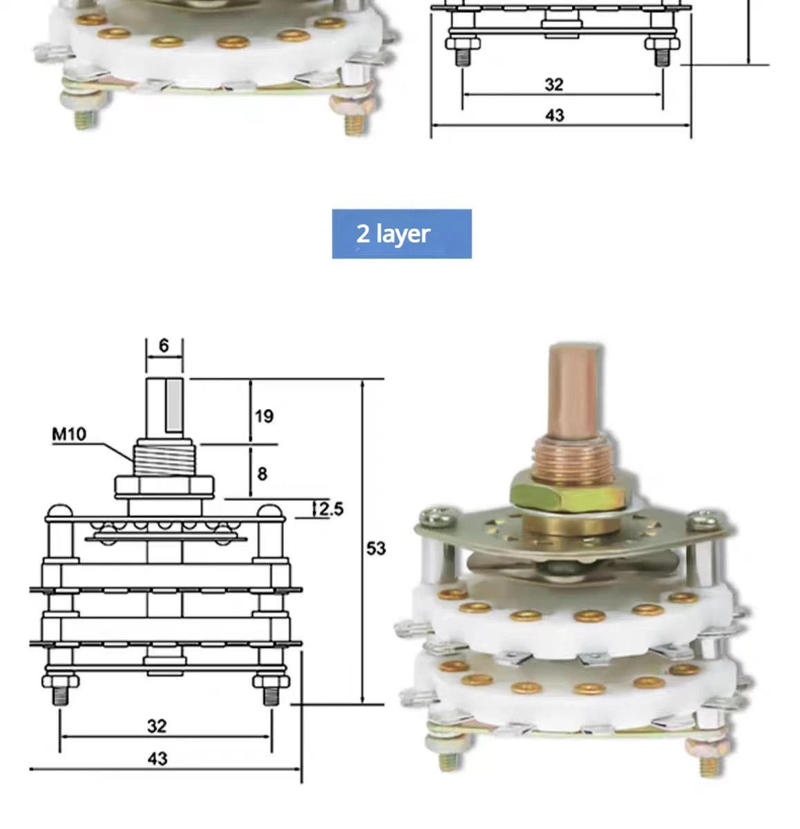 Description Picture 5 of itemKCZ Band gear rotary switch 1 pole 6/7/8/9/10 3W2D 4W2D 5W2D 3W3D position with channel rotary switch selector with cap