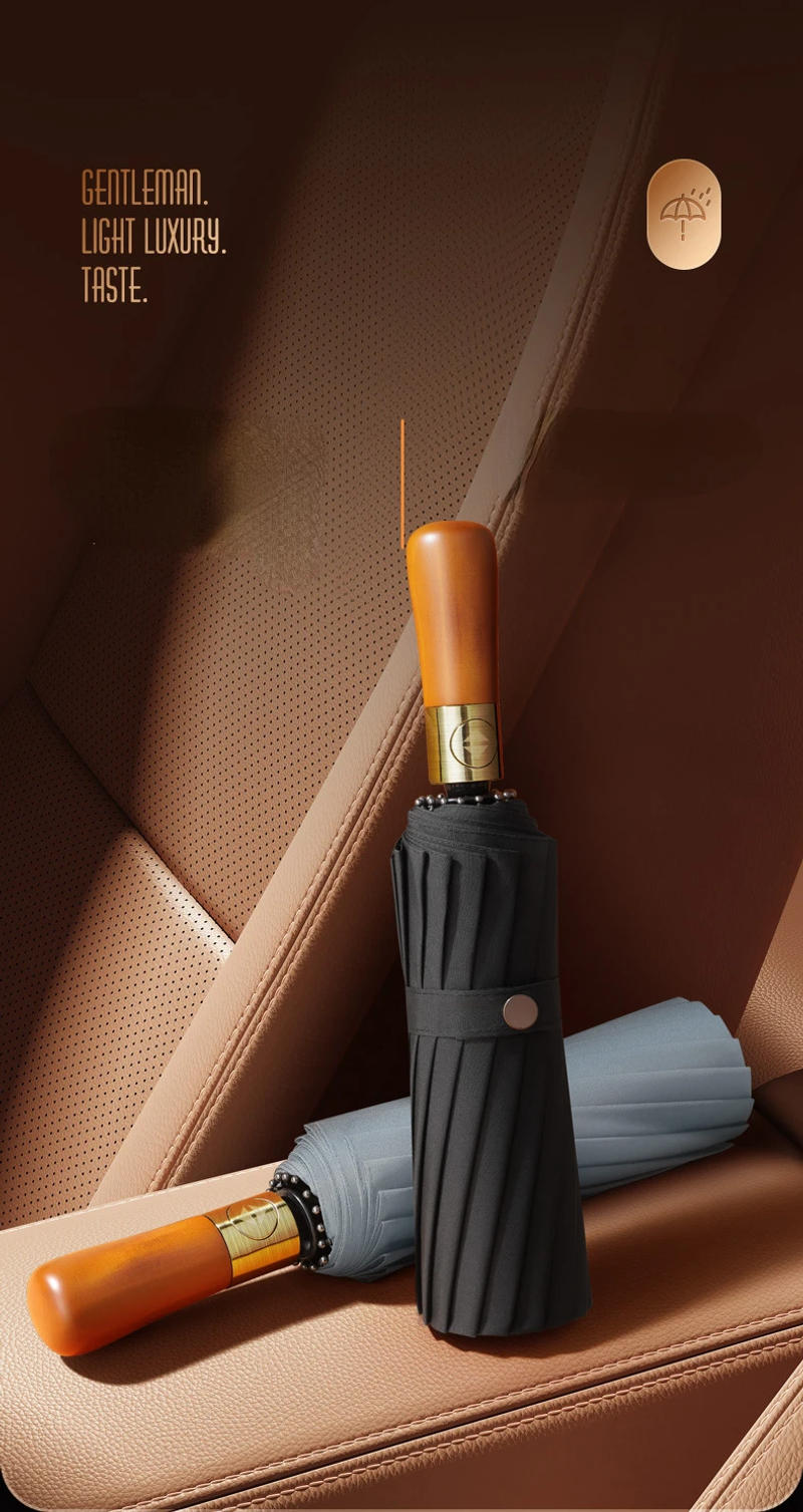 Description Picture 3 of item72 Bones Fully Automatic Umbrella for Men's Large Foldable Black High-end Business Wooden Handle Umbrella