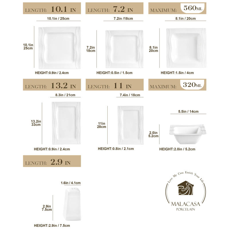 Description Picture 3 of itemMALACASA Square Dinnerware Sets 28 Piece White Porcelain Plates and Bowls Set Salt Pepper Pot Salad Pasta Bowls Dinner Set