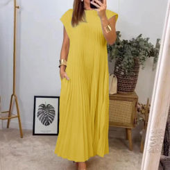 Elegant Loose Summer Party Dresses Fashion Women Short Sleeve Casual A-line Pleated Long Dress O Neck Solid Robe Simple Clothes