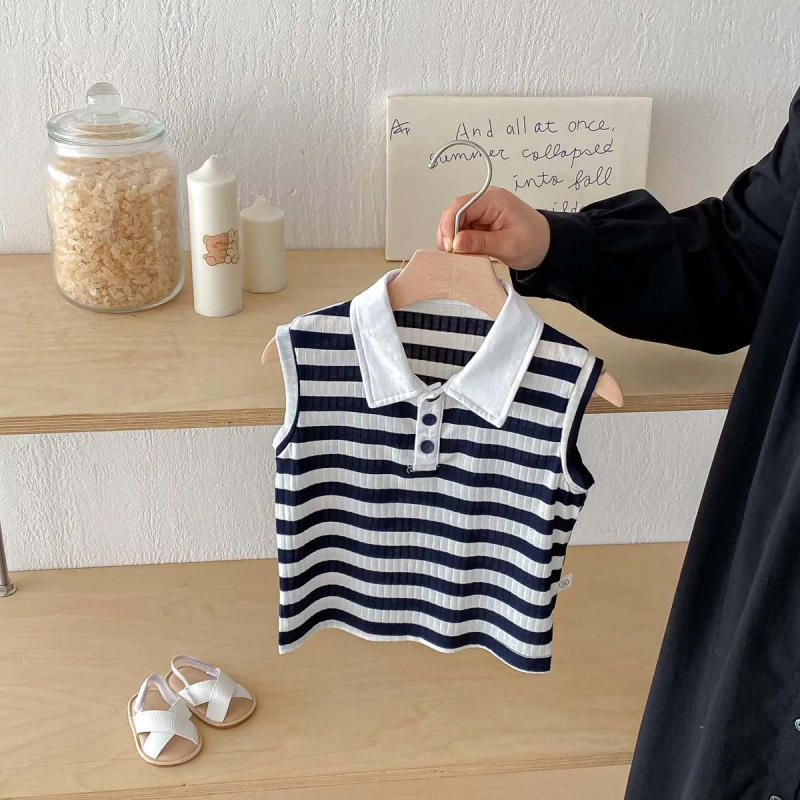 Description Picture 2 of itemPolo Collar Striped Camisole Girls' Sleeveless Top New Summer Boys' Comfortable Vest Versatile T-shirt