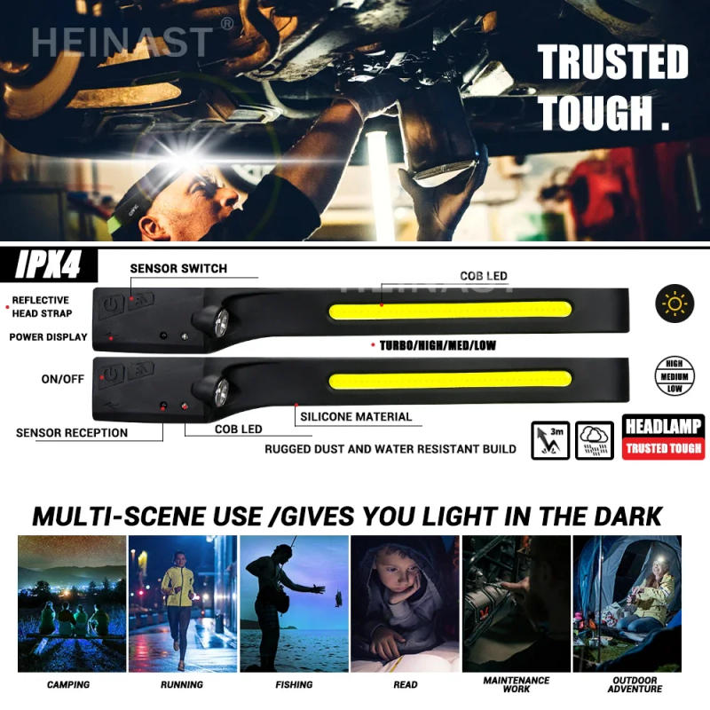 Description Picture 6 of item1-10PCS Portable COB Headlamp USB Rechargeable Head Flashlight Headlight LED Sensor Head Torch Camping Fishing Search Light