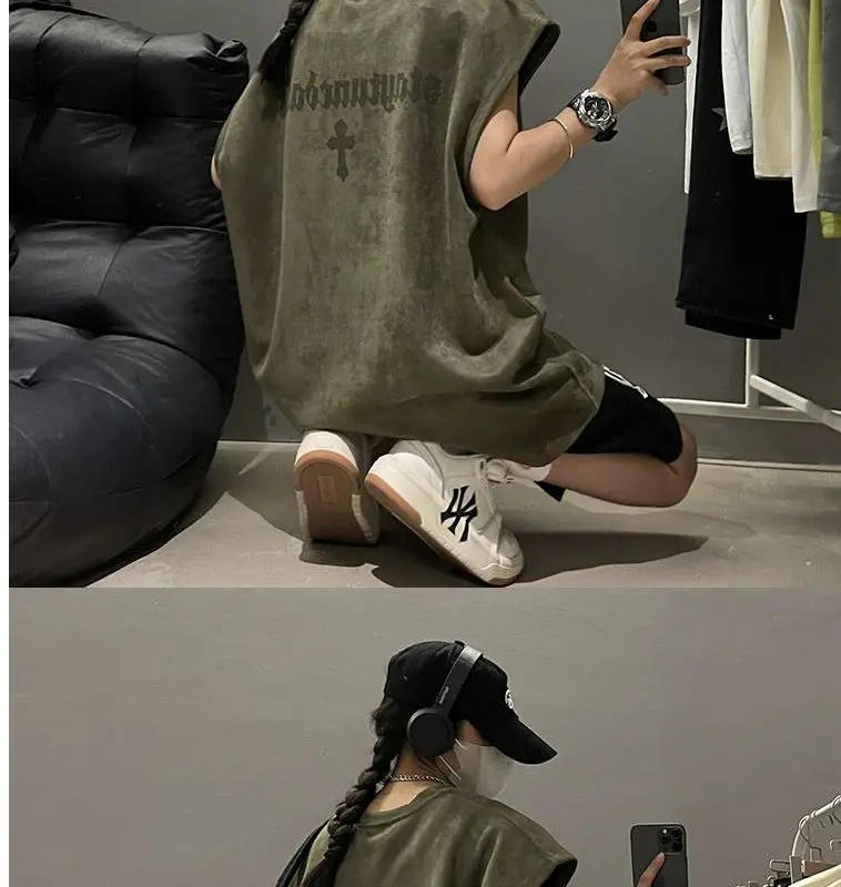 Description Picture 2 of itemMilitary green suede vest men's summer oversize heavyweight trendy brand vest sleeveless t-shirt American couple sweatshirt tops