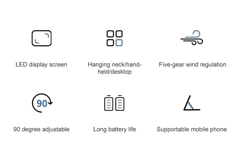 Description Picture 3 of itemUSB Handheld Mini Fan Foldable Portable Neck Hanging Fans 5 Speed USB Rechargeable Fan with Phone Stand and Display Screen