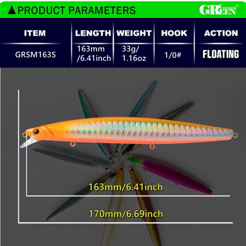 Description Picture 5 of itemGREENSPIDER 16cm 33g New Long Casting Minnow Baits Floating Sea Fishing Lures Wobble Artificial Hard Baits Jerkbait Minnow