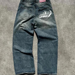 MenCasual Jeans Dd Letter Print Classic Retro Washed Baggy Denim Pants Street Y2k Straight Leg Wide Leg Women High Waisted Pants