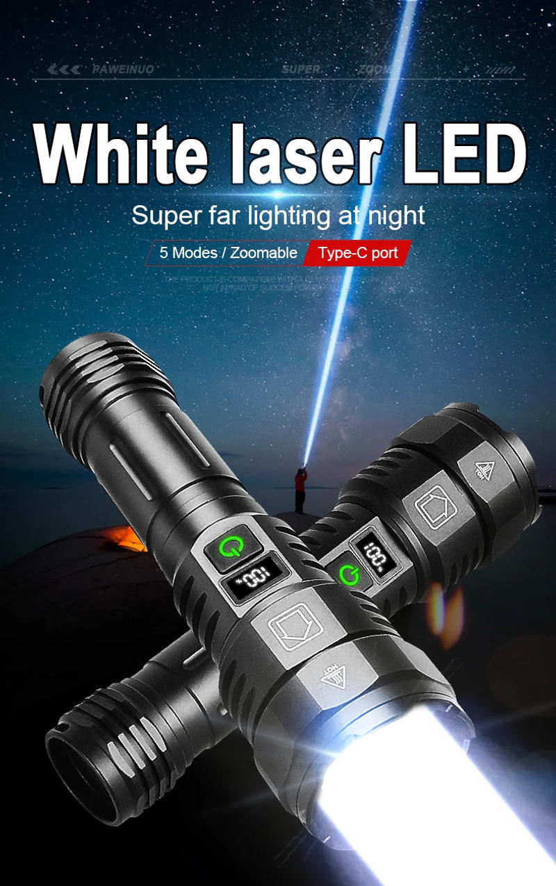 Description Picture 6 of item2024 5000mAh 26650 Most Powerful Led Flashlight White Laser Tactical Torch TYPE-C USB Rechargeable High Power Camping Lantern