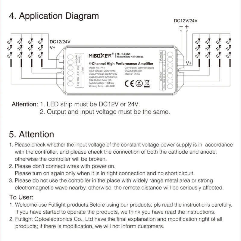 Description Picture 4 of itemMiboxer High Speed Performance Amplifier PA4 4-Channel PA5 5-Channel LED Controller for 5050 RGB RGBW LED Strip Light DC12V 24V