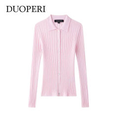 DUOPERI Women Cardigans Fashion Pink Knitted Sweater Lapel Neck Long Sleeves Female Vintage Chic Lady Outfits