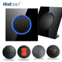 Black Glass Crystal Panel Wall Light Switch Round Button Circle LED Ring 1 to 4 Gang Fan Speed Dimmer 45A Double Pole Switch