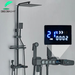 Black/Chrome Thermostatic Shower Faucet Sets Digital Display Bathroom Shower Mixer Brass Shower System Rainfall Shower Set