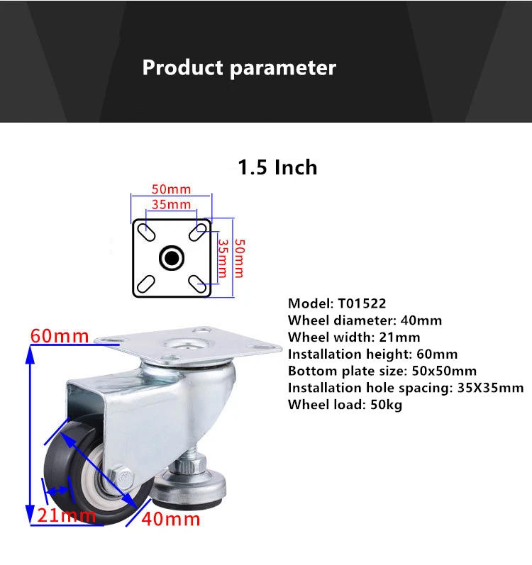 Description Picture 2 of item1 Pc 1.5"/2"/2.5"/3"/4" Horizontally Adjustable Casters Universal Wheels with Foot Cups Horizontally Adjustable Casters PVC