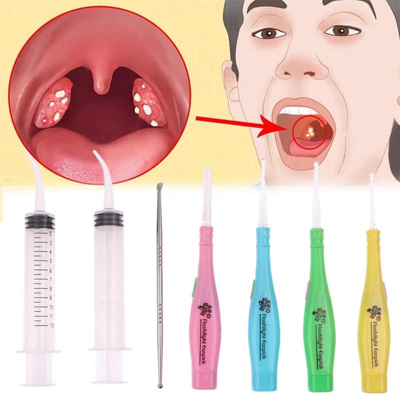 Description Picture 6 of itemTonsil Stone Remover Tools Led Light Ear Wax Remover Stainless Steel Earpick With Tips Irrigator Syringe Clean Care Tool