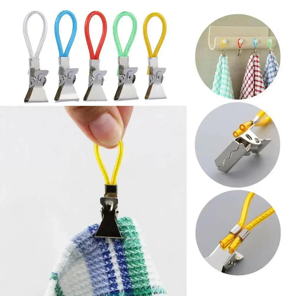 Description Picture 2 of item5/10Pcs Towel Hanging Clips Metal Clip On Hooks Loops Hand Towel Hangers Hanging Clothes Pegs Kitchen Bathroom Organizer