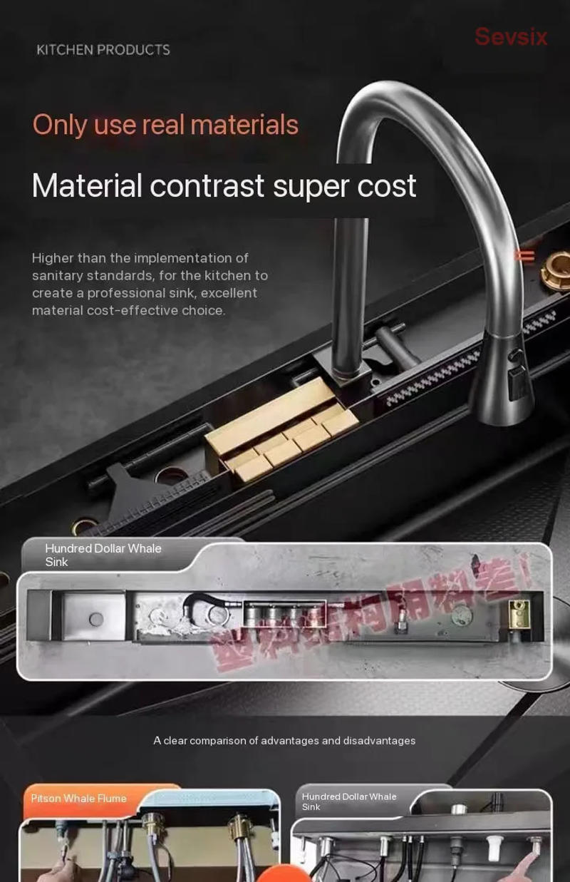 Description Picture 3 of item5MM 304 Stainless Steel Waterfall Kitchen Sink Large Single Slot Integrated Digital Display Faucet Set Soap Dispenser Cup Washer