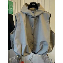 I DO: 01-08 23:58:48 Vest Jacket Women Waistcoat Outerwear 2025 New Spring Autumn Middle Aged Loose Sleeveless Hooded Casual Kha