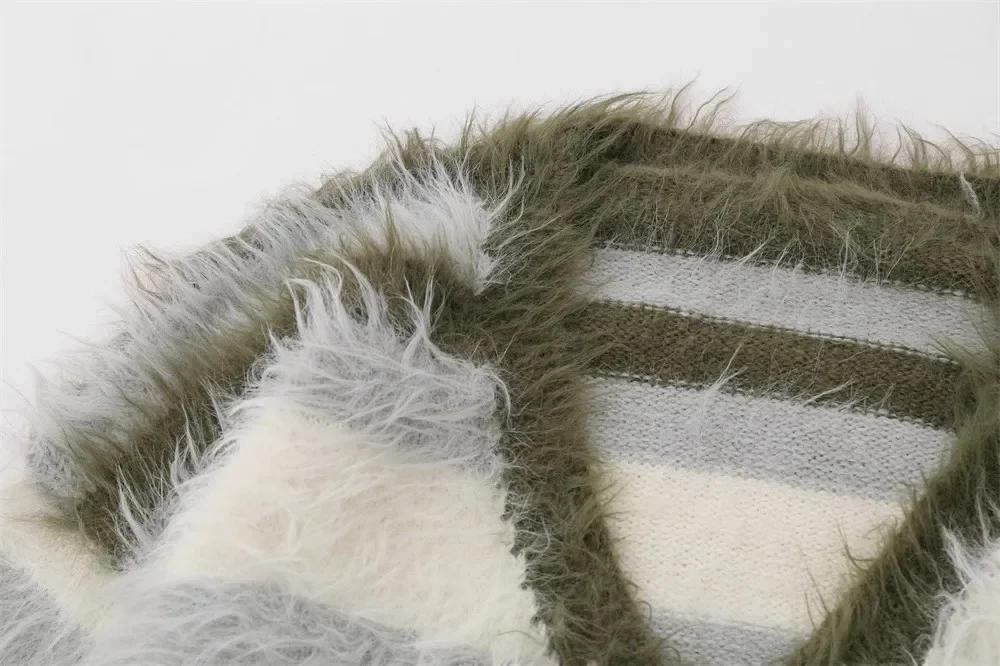 Description Picture 5 of itemStriped Plush V-neck Sweater Men's Loose Casual Brushed Knit Trendy Couple Versatile Comfortable Harajuku High Street Cardigan