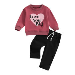 Toddler Boys Fall Outfits Letter Heart Print Long Sleeve Sweatshirts and Solid Color Long Pants 2Pcs Clothes Set