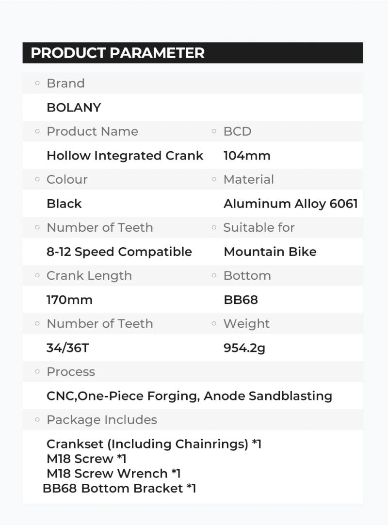 Description Picture 3 of itemBOLANY Bicycle Crankset 170mm 104BCD Mountain Bike Double Disc Crank with Bottom Bracket 34T 36T 38T Aluminum Alloy Bike Cranks