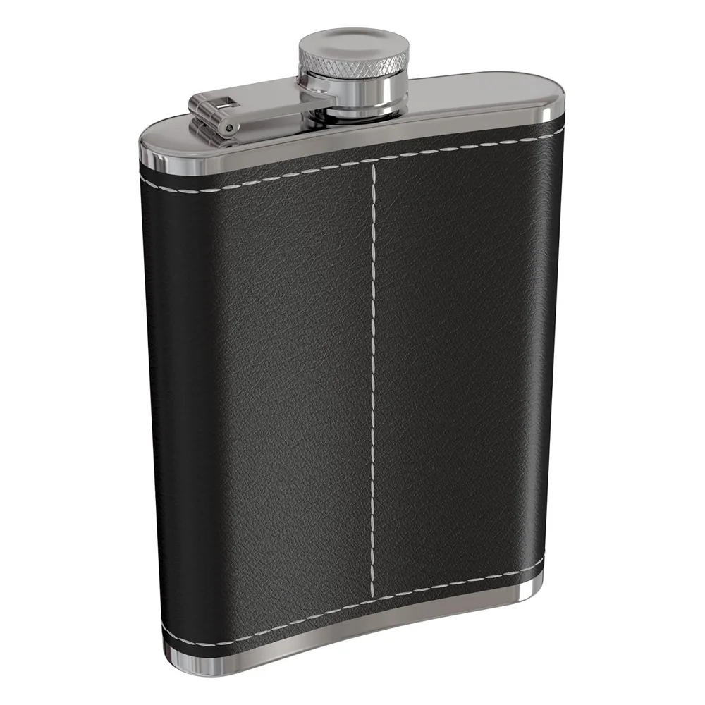 Description Picture 3 of item18 oz Black Leather Wrap Whisky Flagon Stainless Steel Hip Flask Alcohol Wine Pot Large Capacity Bottle Vodka Liquor 500ML