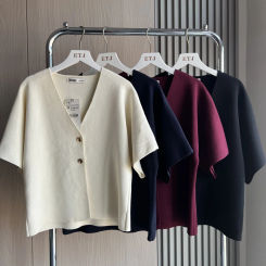 Plain knit short-sleeved cardigan for women traf 2024 With metal buttons for decoration V-neck and loose short sleeve design