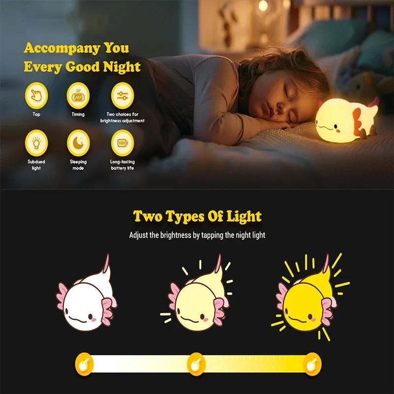 Description Picture 3 of itemCute Axolotl Night Light Silicone Nursery Sleeping Lamp Touch Control Nightlights USB Rechargeable Table Lamp for Baby Child