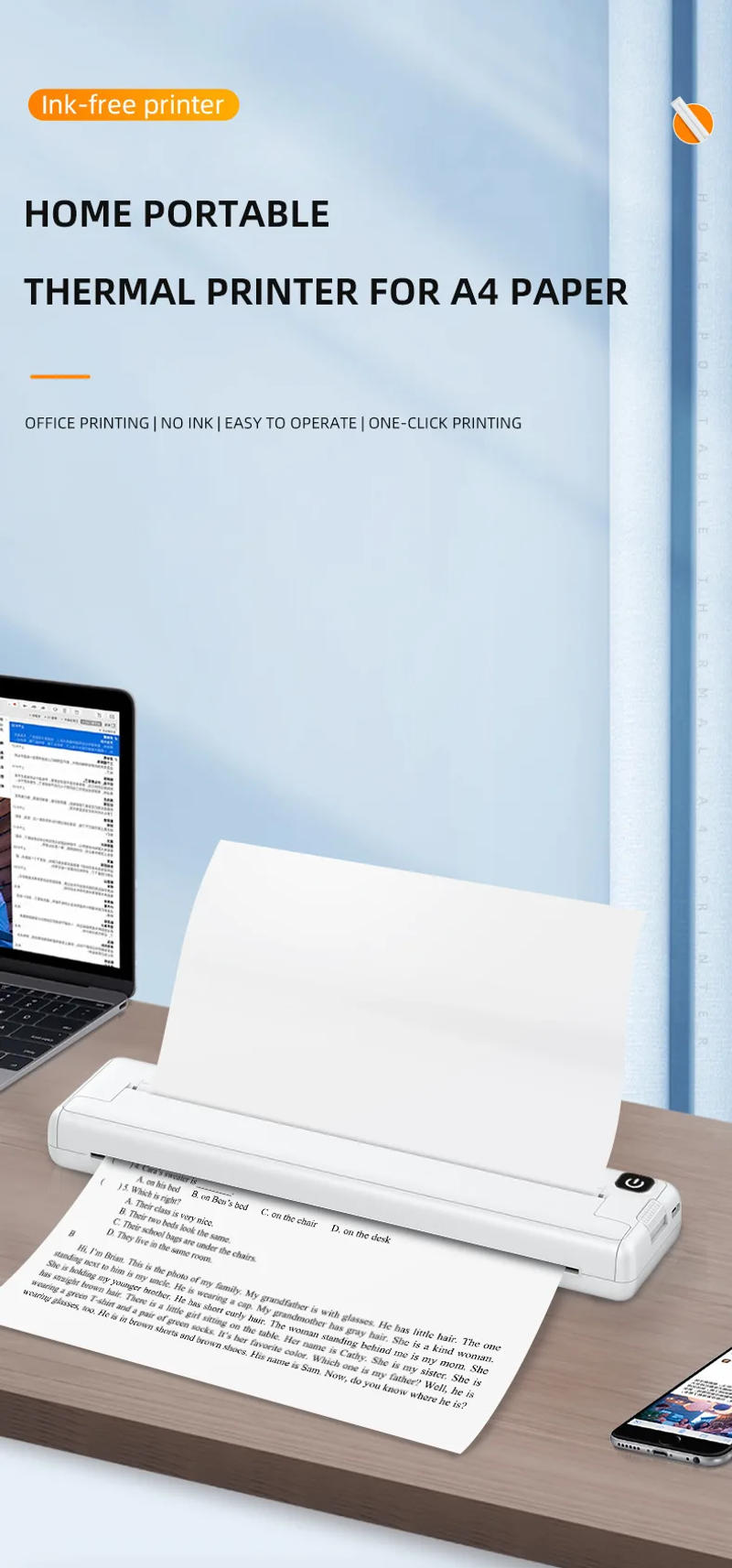 Description Picture 4 of itemWireless Thermal Printer for A4 Paper Photo Document Pocket Printer No Ink Printing Bluetooth Connection One Click Printing X8