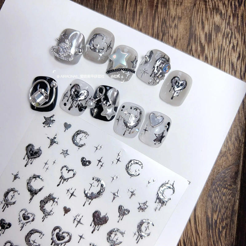 Description Picture 3 of item5D Realistic Relief Stamp Silver Melted Heart Moon Stars Balloon Angel Love Adhesive Nail Art Stickers Decals Manicure Charms