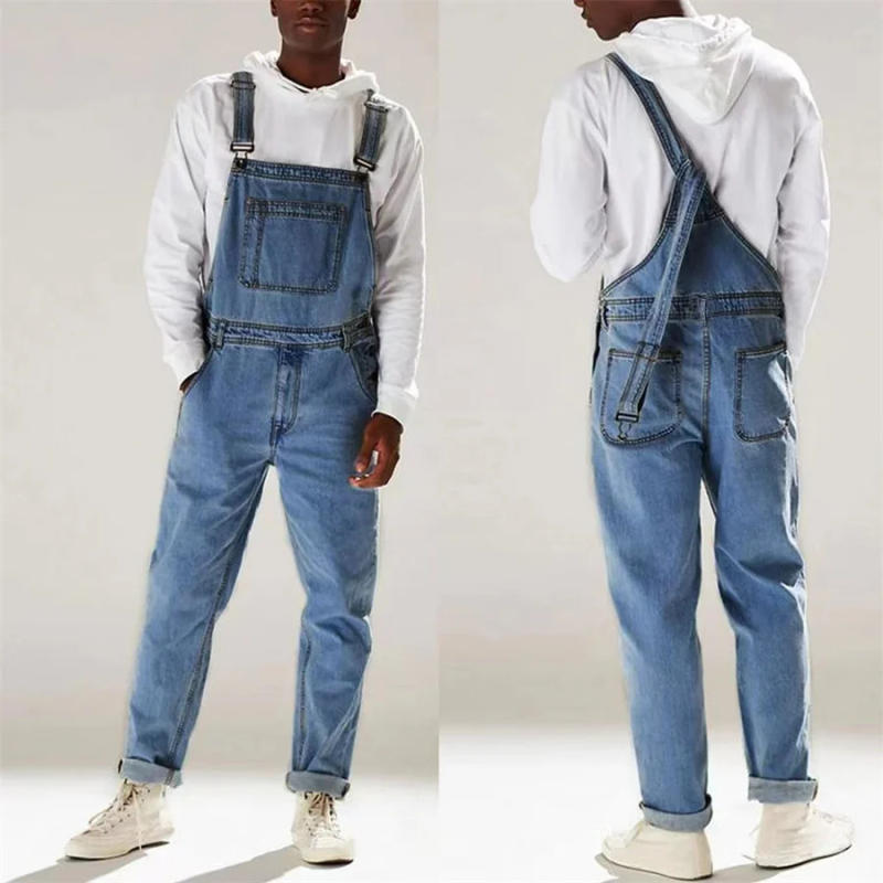 Description Picture 6 of itemStreetwear Men's Solid Color Multi-pocket Denim Jeans Bib Overalls Daily Denim Jumpsuit One-piece Male Suspender Long Pants
