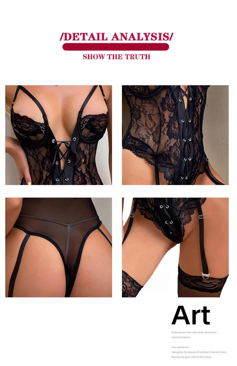 Description Picture 5 of itemWomen's Transparent Sexy Lace Up Spliced Strap Jumpsuit Slim Fit Erotic Lingerie Bodysuit Shapewear Hollow Out Backless Playsuit