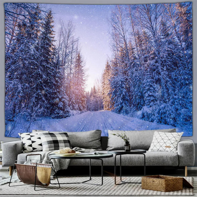 Description Picture 5 of itemWinter Forest Snow Scene Tapestry Wall Hanging Christmas Tree Happy New Year Bedroom Living Room Patio Wall Hanging Mural Decor
