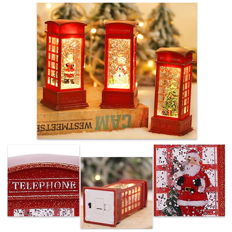 Description Picture 4 of itemChristmas Red Vintage Luminous Phone Booth Lantern Christmas Tree Snowman Santa Claus Figurine In Telephone Booth Decoration