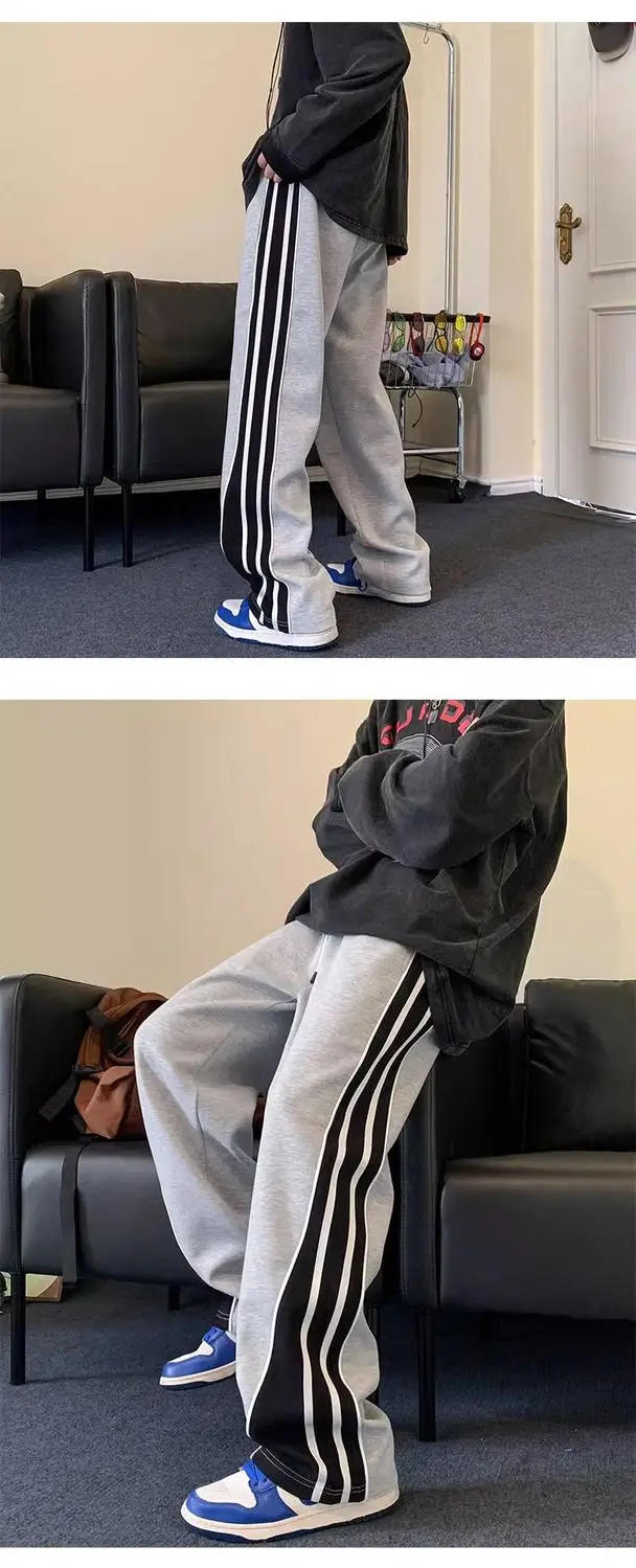 Description Picture 6 of itemAmerican style joint men and women spring/summer striped patchwork casual pants trend loose straight leg wide leg sports pants