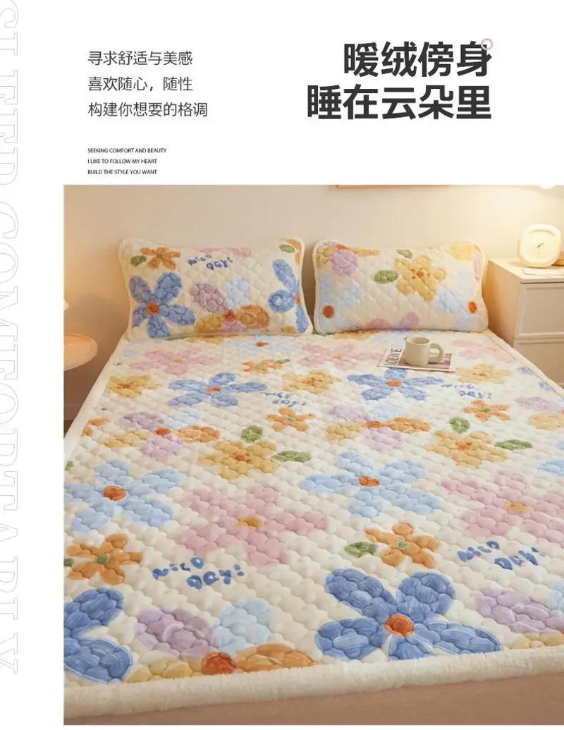 Description Picture 2 of itemWinter Milk Velvet Mattress Toppers with Pillowcase Bedding Set Double Folding Queen Tatami Floor Mat Bedsheet Mattress Cover