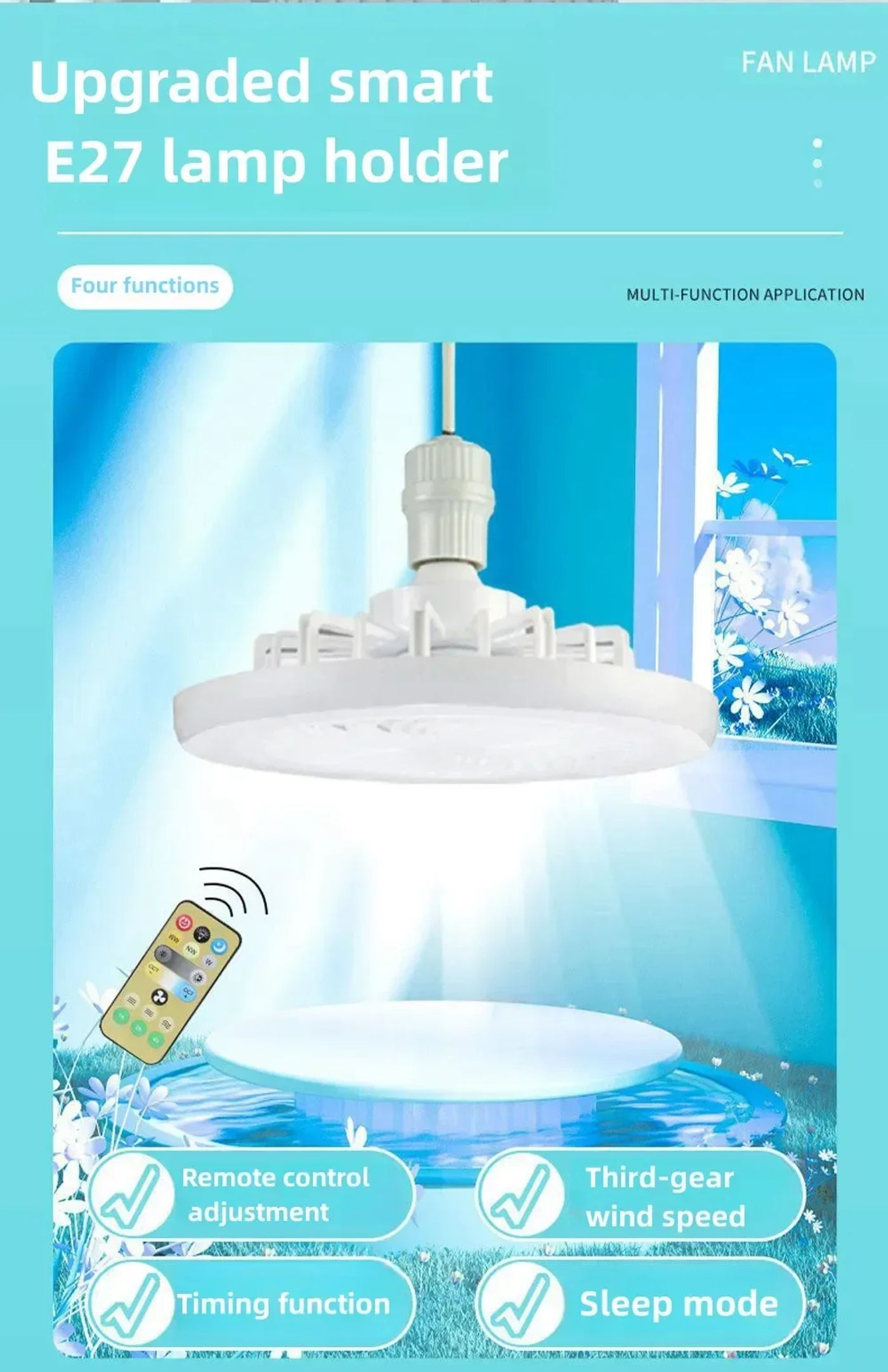 Description Picture 6 of item2-in-1 Three-speed Mode LED Fan Light With Remote Control E27 AC85-265V Lighting Base For Bedroom Living Room Light Fan Ceiling