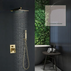 Brushed Gold Solid Brass Bathroom Shower Set Rianfall  Head  Faucet System Wall Mounted  Arm Mixer Water Sets