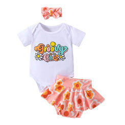 Baby Girls Shorts Outfits Letter Print Short Sleeve Romper with Floral Skirt Shorts and Heaband 3 Pcs Summer Set