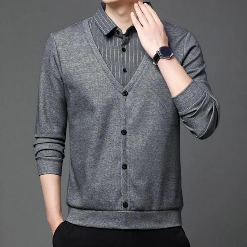 Description Picture 6 of itemMen Sweater Stylish Men's Lapel Cardigan Sweater Solid Color Striped Design Plus Size Options for Fall/winter Fashion Men Solid