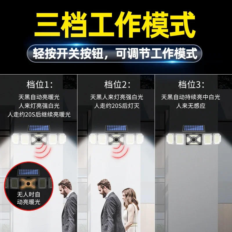 Description Picture 5 of item244 LED Solar Street Light 5 Head Wall-Mounted Motion Sensor Waterproof Integrated Outdoor Light Courtyard Road Lighting 3 modes