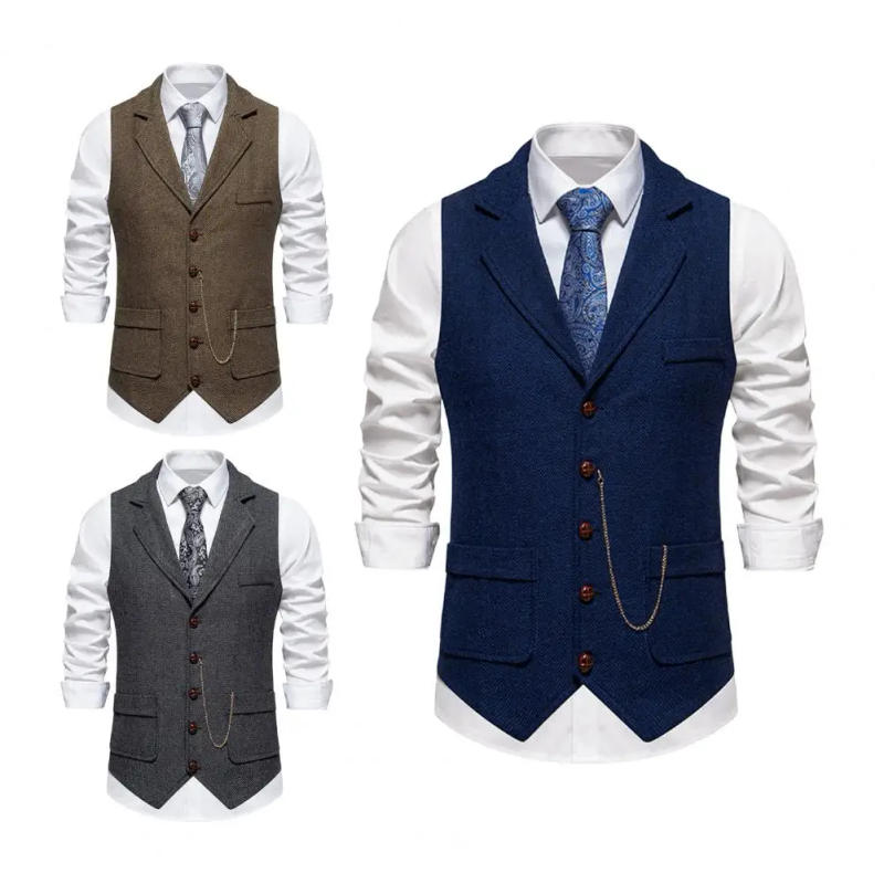 Description Picture 6 of itemMen Vest Suit Elegant Men's Business Suit Vest with 3d Pockets Chain Decoration Classic Lapel Sleeveless for Formal for Men