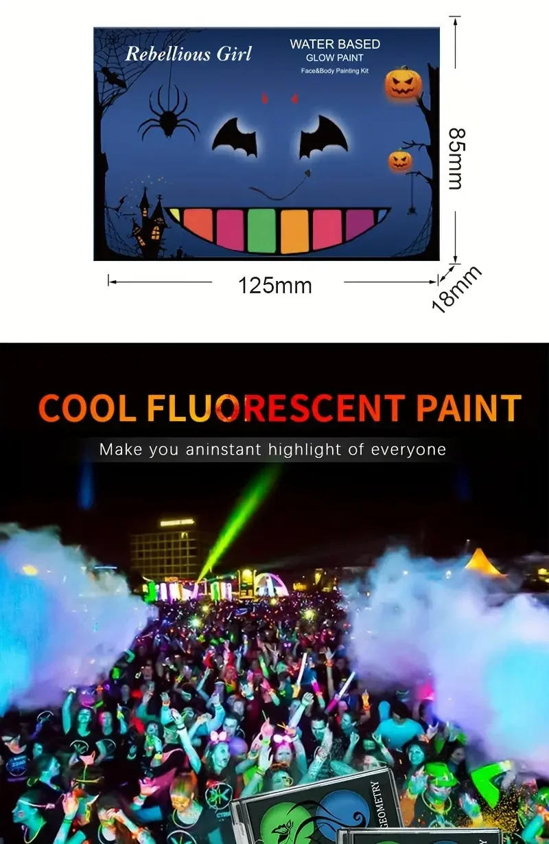 Description Picture 4 of item8 Color Water Face Paint Kit Fluorescent Neon Body Paint Glow dark Fast Dry Body Skin Cosplay Makeup With Stencil And Brush