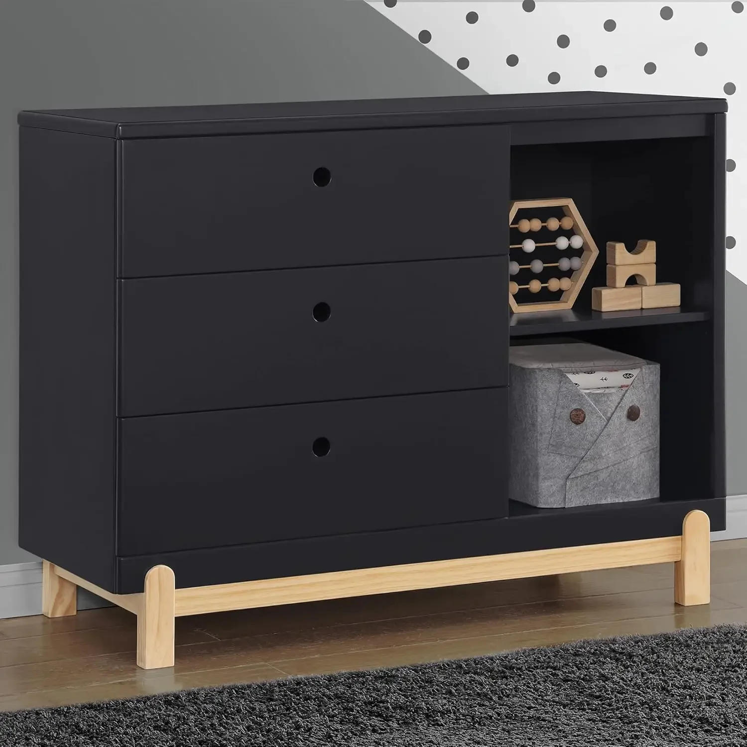 Description Picture 3 of itemDressers 3 Drawer Dresser  Midnight Grey/Natural 19.25"D X 45"W X 34.75"H Dresser Features Three Drawers and Two Side Cubbies