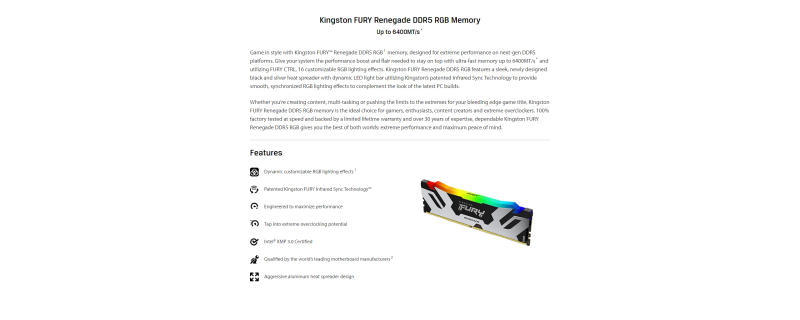Description Picture 3 of itemKingston FURY Renegade DDR5 RGB 16GB 32GB 6000 MHz 6400 MHz 6800 MHz 7200 MHz CL32 Desktop AMD Intel CPU Motherboard RAMs